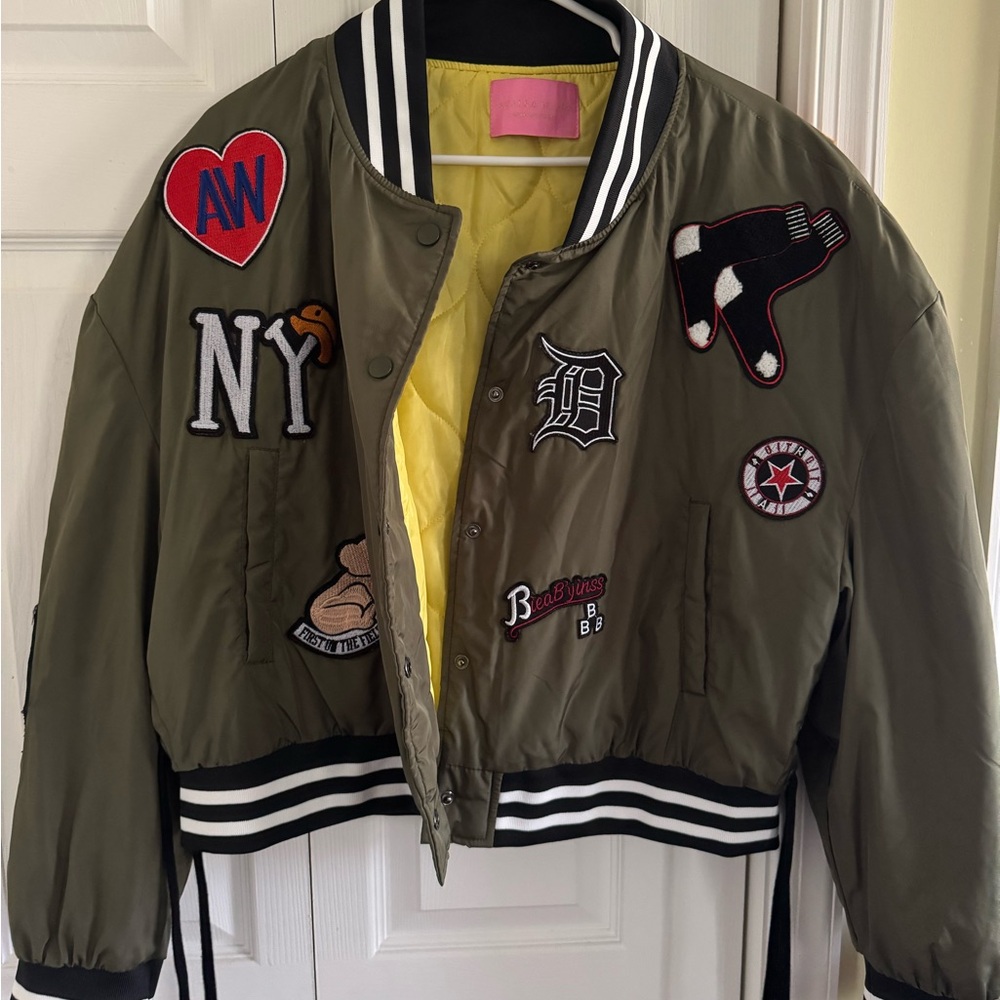 Olive Green Bomber Jacket with Patches